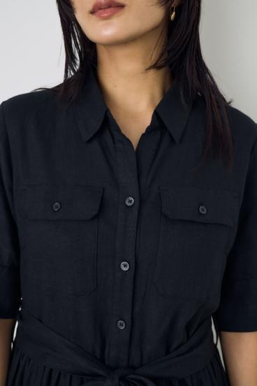 リネンベルテッドフレアボタンワンピース 詳細画像