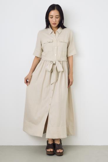 リネンベルテッドフレアボタンワンピース