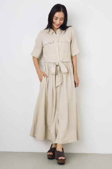 リネンベルテッドフレアボタンワンピース 詳細画像