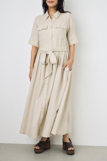 リネンベルテッドフレアボタンワンピース 詳細画像