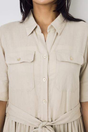 リネンベルテッドフレアボタンワンピース 詳細画像