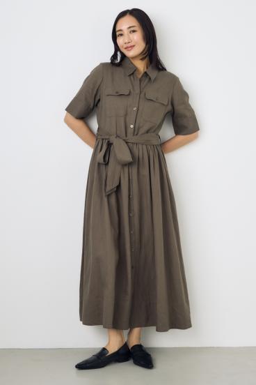 リネンベルテッドフレアボタンワンピース