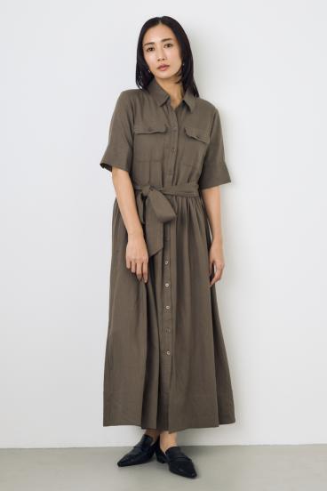 リネンベルテッドフレアボタンワンピース 詳細画像