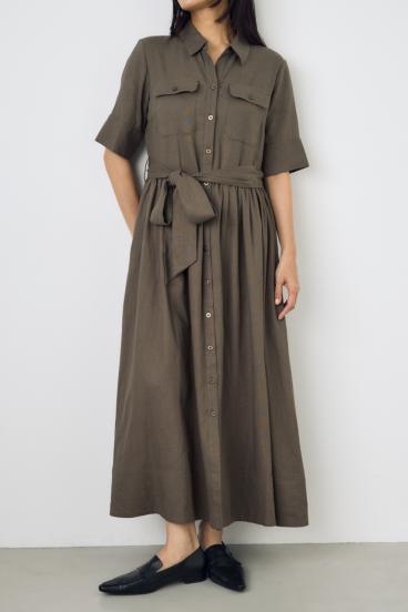 リネンベルテッドフレアボタンワンピース 詳細画像