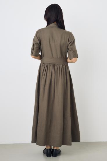 リネンベルテッドフレアボタンワンピース 詳細画像