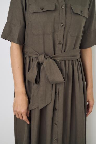 リネンベルテッドフレアボタンワンピース 詳細画像