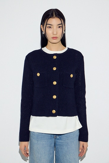 クルーネックツイードライクニットジャケット 詳細画像