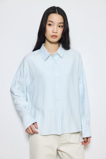 スリーブボタンストライプシャツ