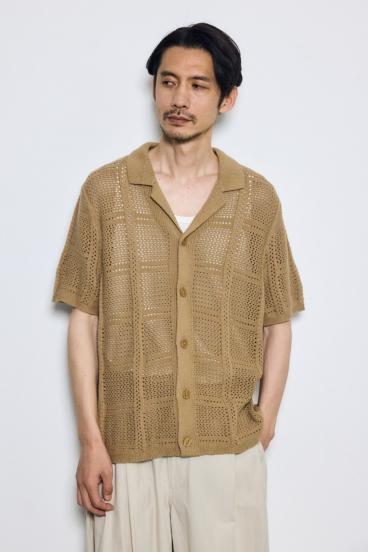 スクエアパターンニットメッシュシャツ 詳細画像