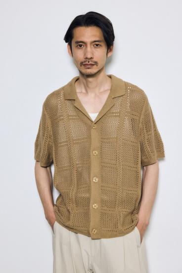 スクエアパターンニットメッシュシャツ 詳細画像