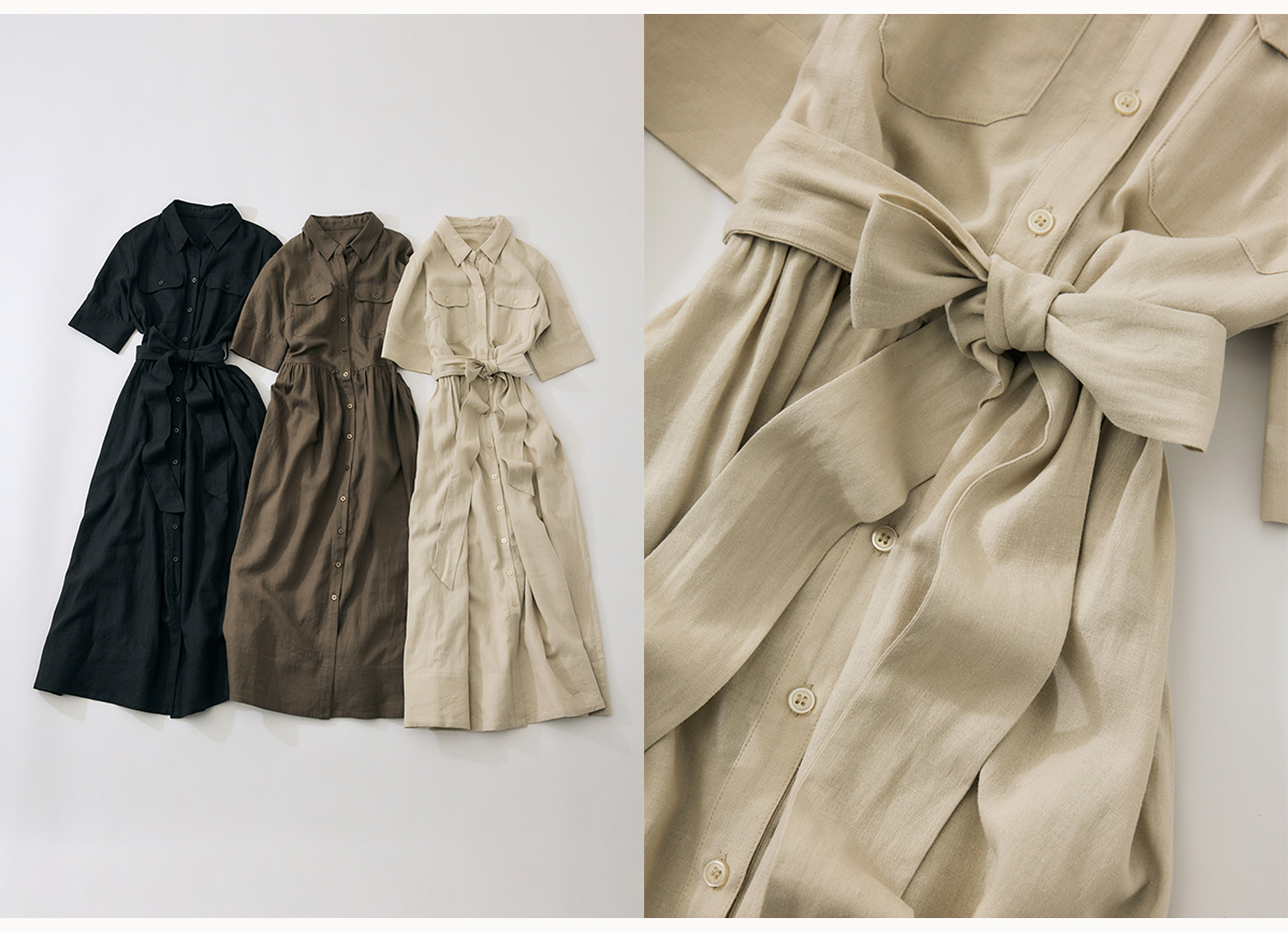 リネンベルテッドフレアボタンワンピース