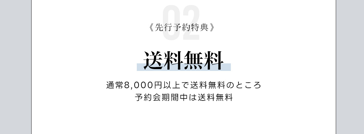 02:《先行予約特典》　送料無料　通常8,000円以上で送料無料のところ予約会期間中は送料無料