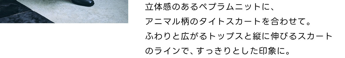 立体感のあるペプラムニットに、アニマル柄のタイトスカートを合わせて。ふわりと広がるトップスと縦に伸びるスカートのラインで、すっきりとした印象に。