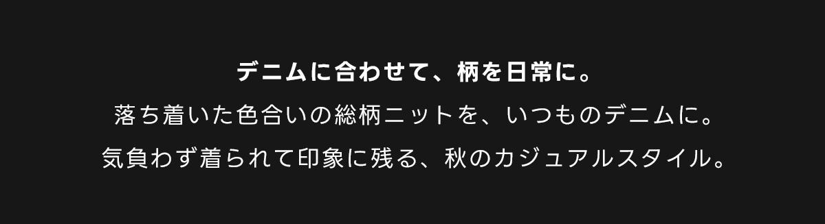 デニムに合わせて、柄を日常に。落ち着いた色合いの総柄ニットを、いつものデニムに。気負わず着られて印象に残る、秋のカジュアルスタイル。